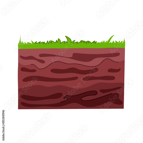 Ground cross section illustrating different soil layers and earth texture with green grass growing on the surface, depicting geology, agriculture, and environment