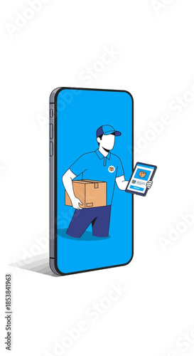 Delivery man with package and tablet emerging from smartphone screen.