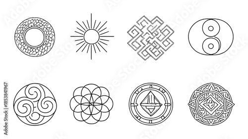 Collection of eight geometric and symbolic designs on gray background
