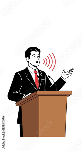Man in a formal suit delivering a public speech at a lectern.