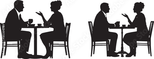 Silhouettes of couples talking at cafe tables, isolated on white background