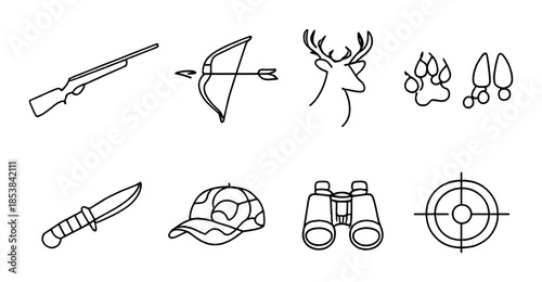 Outline icons of hunting equipment: rifle, bow, knife, deer, paw, hat, binoculars, target