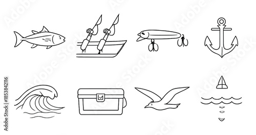 Nautical symbols: fish, boat, lure, anchor, wave, treasure, seagull, sailboat
