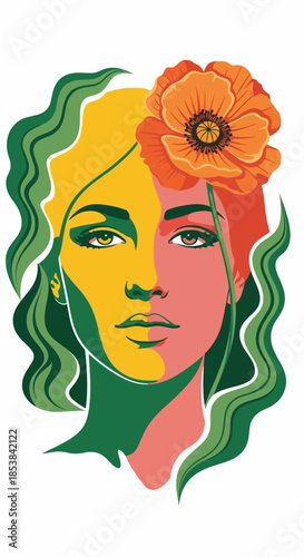 Colorful Portrait of a Woman with Flower Adornment.