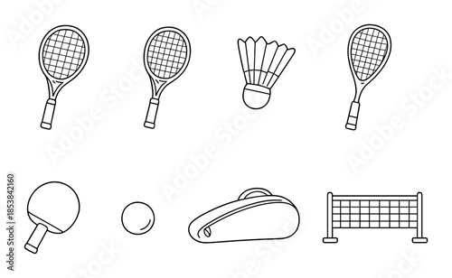 Outline icons of tennis, badminton, and ping pong equipment on black background