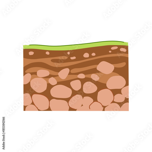 Photography Illustration displaying a geological cross section of the earth, showing differe