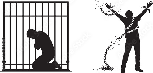 Captivity vs Freedom: Prisoner in Cage and Liberated Man Breaking Chains Silhouette
