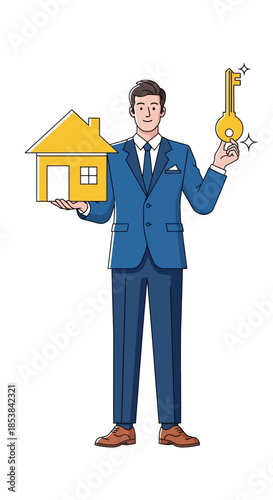 Real Estate Agent Offering House and Key, Illustration.
