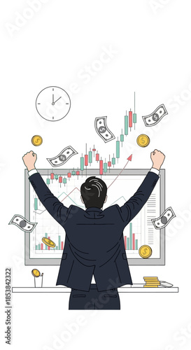 Successful businessman celebrating financial growth with money flying around him.