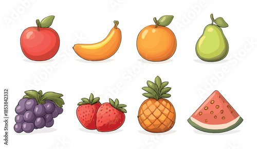 Colorful cartoon fruits featuring apple, banana, orange, pear, grapes, strawberries, pineapple, watermelon