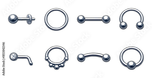 Silver body piercing jewelry collection on gray background