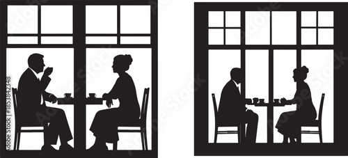 Black and white silhouette graphic of people drinking coffee in a restaurant window.