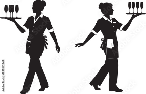 Waitress Serving Champagne Glasses Silhouette Vector Illustration Set
