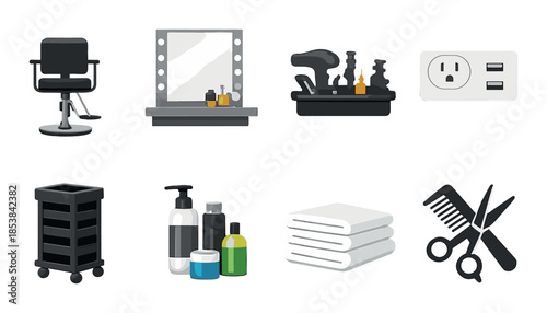 Barbershop and salon tools: chair, mirror, products, outlet, cart, towels, combs, scissors