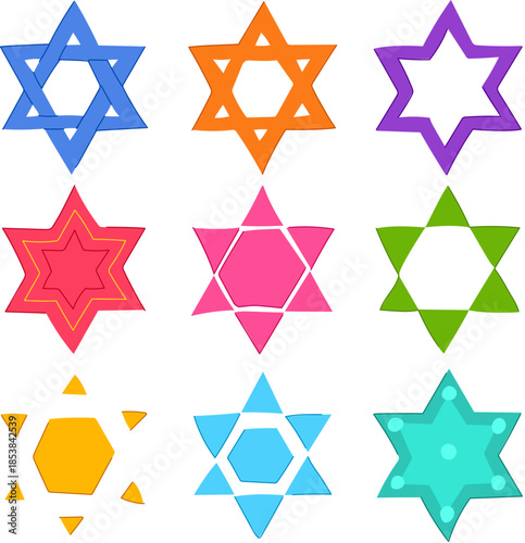 Collection of nine brightly colored magen david symbols displaying various geometric designs, representing jewish faith, traditions, and connection to israel on a white background