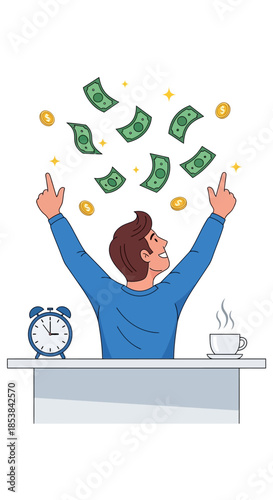 Man celebrating financial success with money falling from above.