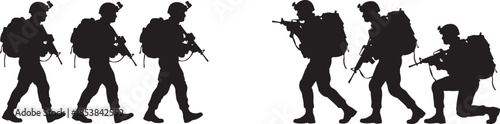Black Silhouettes of Armed Soldiers Squad in Patrol and Combat Action on White Background