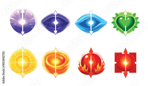 Colorful chakra symbols representing energy centers with arrows indicating flow