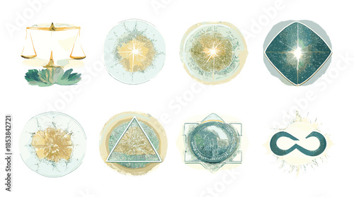 Diverse glowing symbols of balance and unity on gradient background