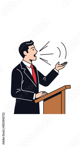 Man in suit speaking at podium, delivering a powerful speech.