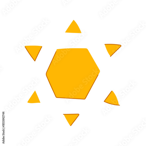 Yellow magen david with central hexagon and six surrounding triangles on white background, simplified modern star of david illustration symbolizing jewish faith, tradition and identity