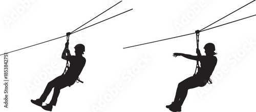 Zip Line Riders Silhouette Set - Adventure Sport Activity Vector Illustration