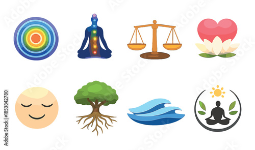 Chakra symbols and balance: meditation, harmony, energy, nature, heart