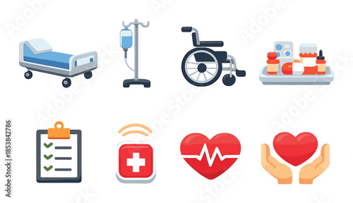 Healthcare icons set featuring medical equipment and symbols