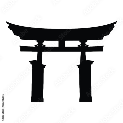Black silhouette of a traditional japanese torii gate on white background