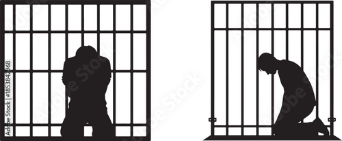 Prisoner Silhouette in Jail Cell Bars Vector Illustration: Isolation and Despair
