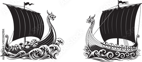 Two Viking Longships Drakkar Sailing on Waves Black and White Illustration