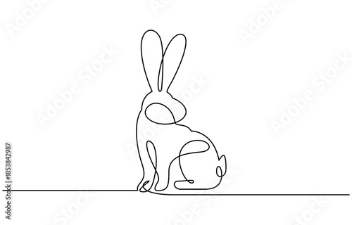 Continuous one thin smooth line simple minimalistic drawing of a simple easter rabbit on transparent background