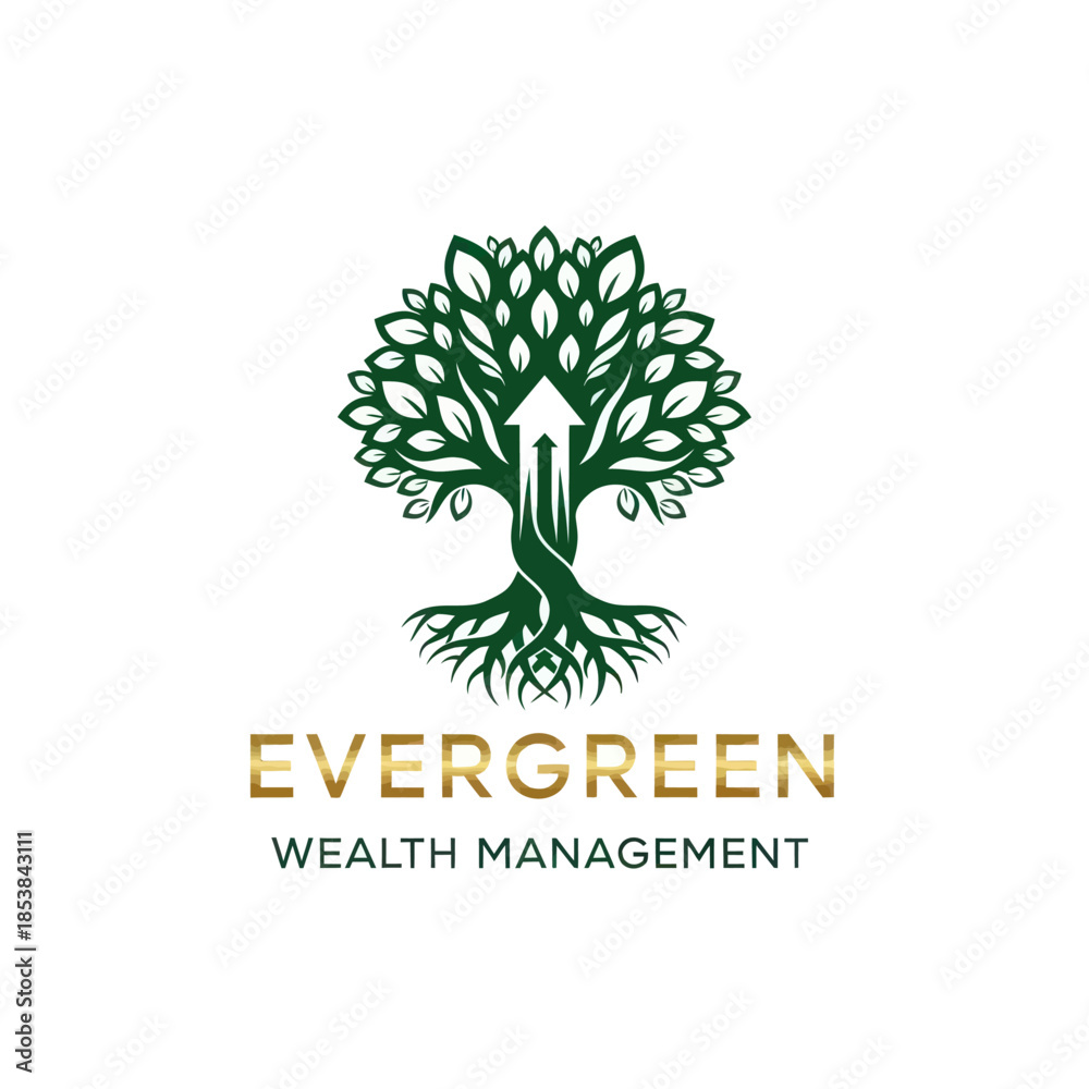 Obraz premium Evergreen Wealth Management Logo Featuring a Tree with Arrow Symbolizing Growth.