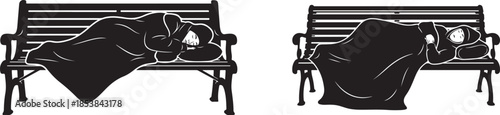 Homeless Person Sleeping on Park Bench Vector Black Silhouette Icon Set