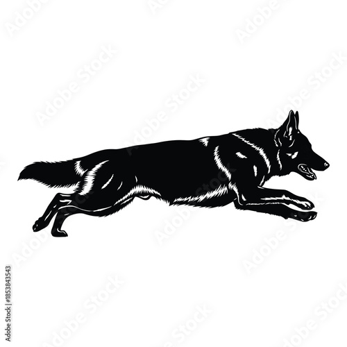 A striking black and white illustration of a german shepherd running