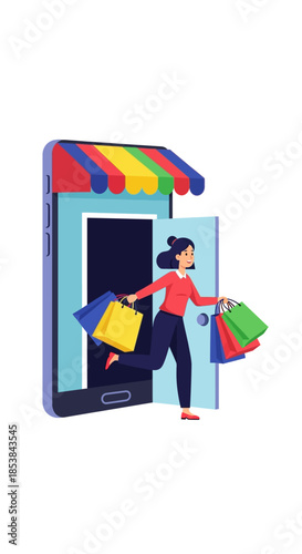 Woman Exiting Smartphone With Shopping Bags.