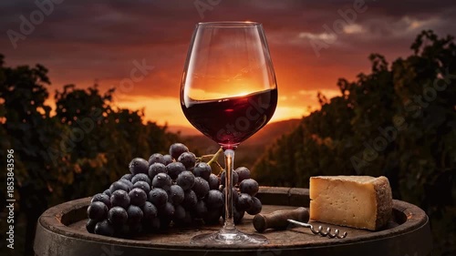 Glass of red wine swirling on a wooden barrel during sunset. Vineyard landscape with fresh grapes and aged cheese. Winemaking and tasting concept