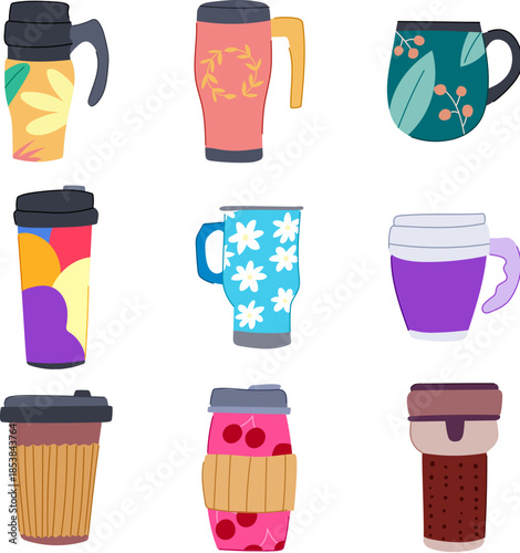 Collection of colorful reusable thermal travel mugs and coffee cups featuring various designs, representing eco friendly choices for daily beverages and on the go convenience