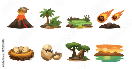 Colorful prehistoric elements with volcano, meteor, eggs, and sunset