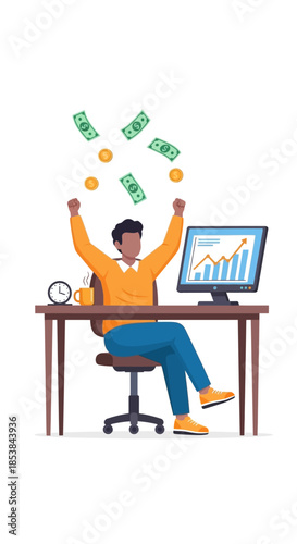 Excited man celebrating financial success with money falling around him at his desk.