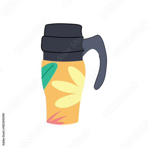 Colorful insulated travel mug keeping warm beverages, featuring a unique floral design on a vibrant yellow body with a dark lid and handle, perfect for daily commuting or outdoor activities