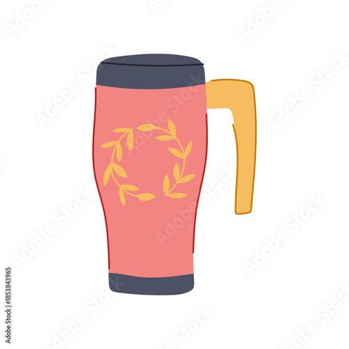 Pink travel mug presenting a stylized golden wreath design, reflecting modern hydration and portability for everyday use or outdoor adventures with hot or cold beverages