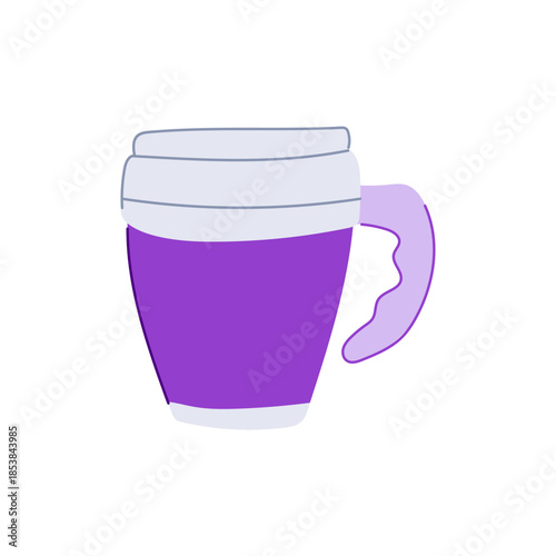 Insulated travel mug with purple body and light grey lid, vacuum style thermo cup for hot or cold drinks, portable, reusable beverage container for commuting and daily use