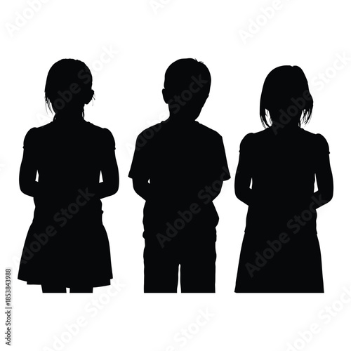Silhouettes of three children standing together a simple black and white image
