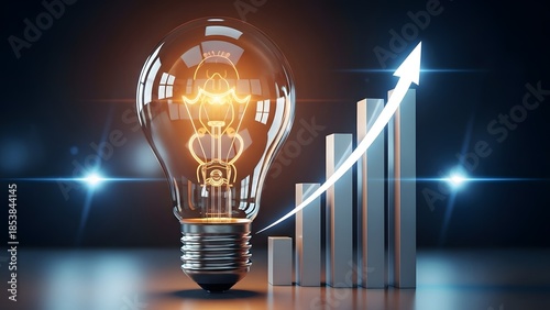 Bright lightbulb glowing next to a rising bar graph with arrow. Business growth and success strategy. Filament lamp lighting up financial charts representing profit and innovation