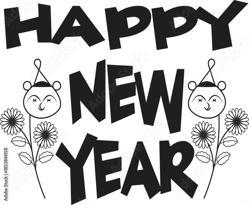 Happy new year greeting with cute cartoon faces in party hats and flowers illustration