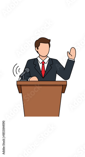 Man in Suit Speaking at Podium with Microphone.