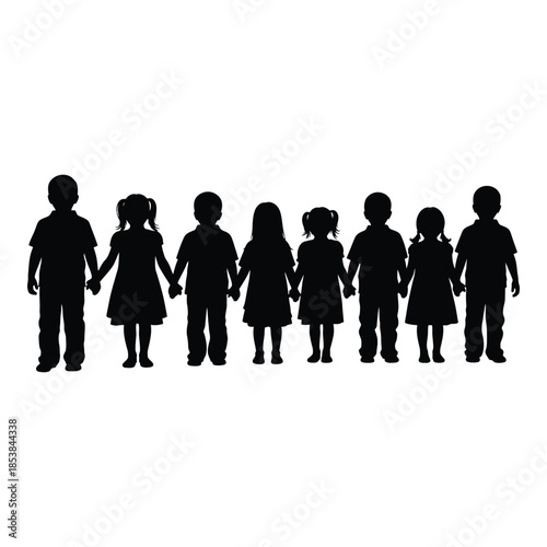 A line of children holding hands a simple black silhouette illustration
