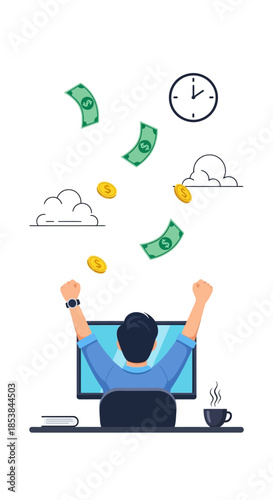 Successful freelancer celebrates earnings at computer, time and money concept.