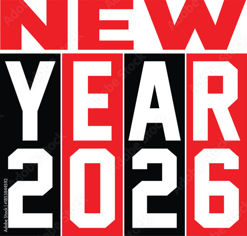 New year 2026 typography design in red black and white